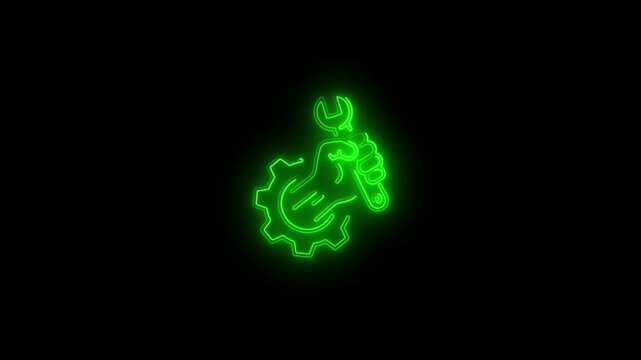 Thisfeatures a glowing neon settings icon with a gear and wrench, representing system configuration, maintenance, repair, and technical support. The modern neon line  style is ideal for technology 