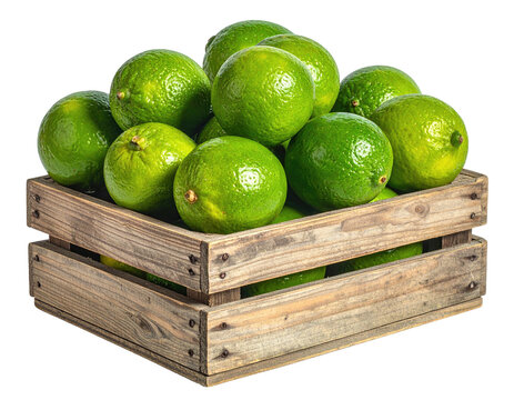 A wooden crate overflowing with vibrant green citrus fruits