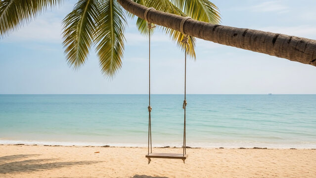 A solitary swing hangs from a palm tree over a serene tropical beach with turquoise ocean waters - Powered by Adobe