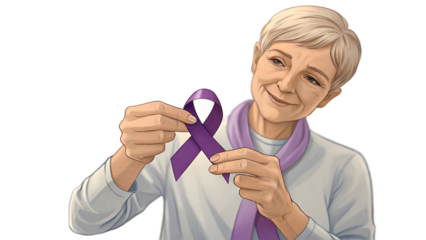 Older Woman with Blonde Hair Holds Purple Ribbon Supporting Pancreatic Cancer Awareness Cause