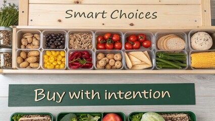 A variety of fresh ingredients and healthy food options displayed in containers, promoting smart choices and mindful consumption.
