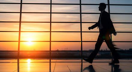 A silhouette of a dedicated business person confidently strides through a vast airport at sunset, embodying successful professional travel and anticipating a productive hotel stay