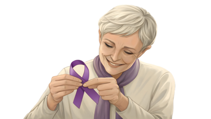 Senior woman ties a purple ribbon symbolizing pancreatic cancer awareness and support
