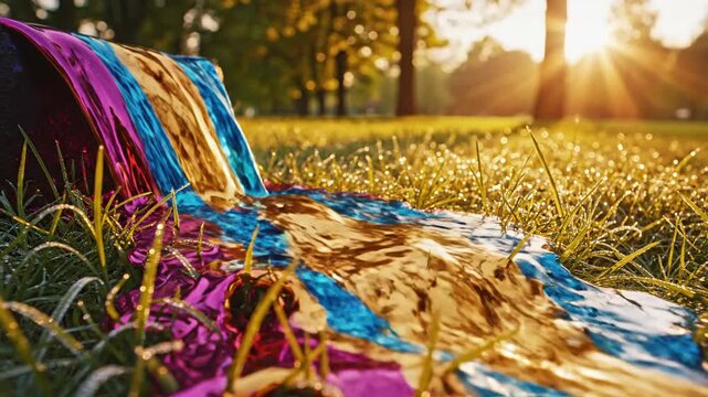 Sunlight reflects on a colorful, crinkled fabric laid on dew-kissed grass in a park during a golden hour sunrise