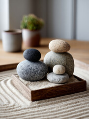 Stacked stones in a zen garden setting on indoor sand tray.