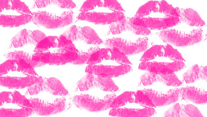 Pink lipstick kiss marks isolated on black background. Repeating hand painted lips pattern, beauty makeup texture background for fashion and cosmetics