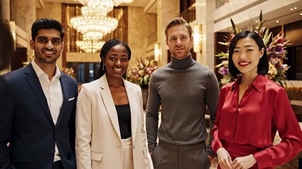 Diverse group of professionals posing in a luxury hotel lobby with ornate chandelier overhead