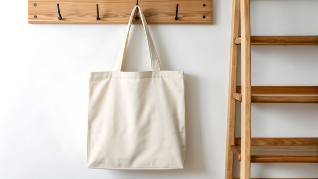 Tote bag hanging on wooden coat rack