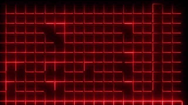 Futuristic red neon glowing grid background on a dark black surface. Cyberpunk style digital grid with luminous lines, ideal for technology themes, sci-fi visuals, HUD interfaces, abstract backgrounds