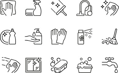 Cleaning and hygiene outline icon set featuring household chores sanitizing tools hand washing surfaces care symbols vector illustration