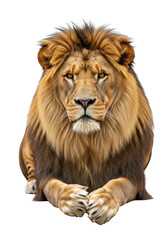 Fototapeta premium Majestic male lion with a thick mane sitting calmly on transparent background