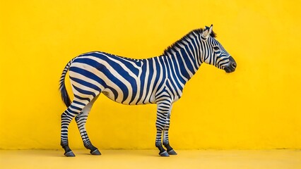 Fototapeta premium Zebra on Yellow: A solitary zebra, adorned with striking black and white stripes, stands boldly against a vibrant yellow backdrop, presenting a stunning contrast of colors and textures.