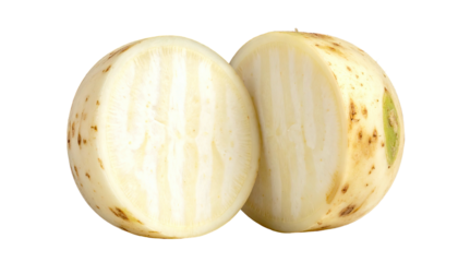 Halved white root vegetable, showing inner fibrous texture
