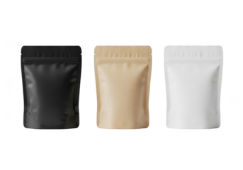 Colorful stand up pouches in black, beige, and white on transparent background