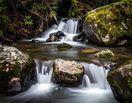 Flowing water cascades gently over moss-covered stones in a forest stream - Powered by Adobe