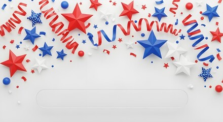 Patriotic red, white, and blue festive stars and ribbons on white background with copy space