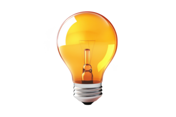 Warm yellow light bulb with glowing filament on transparent background