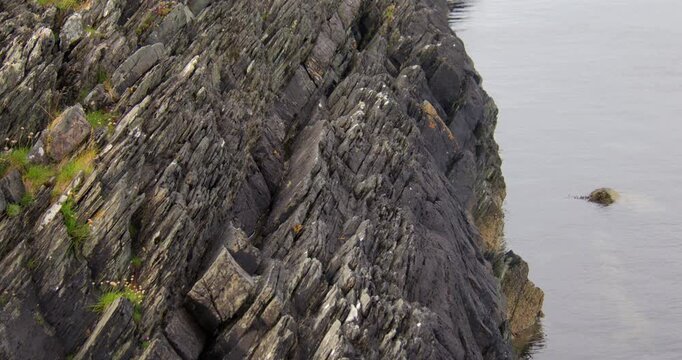 wide shot of steeply inclined sedimentary rock like turbidite strata at Craignish Point, Sound of Jura.