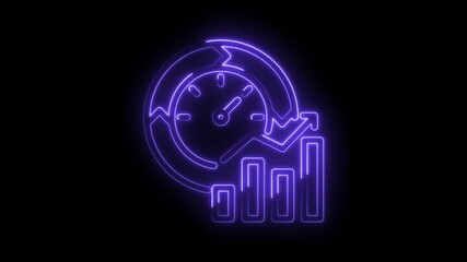 Glowing neon business productivity clock with growing bar chart animation on black background - Powered by Adobe