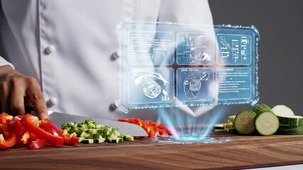 Professional chef utilizes advanced holographic technology for a recipe while dicing fresh organic vegetables in a modern kitchen - Powered by Adobe