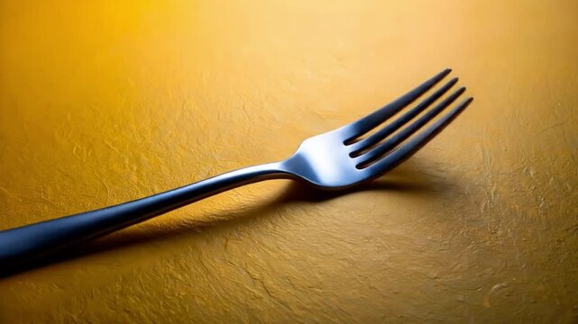 Close up of a silver fork on a textured golden surface overhead view