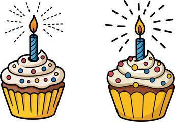 Birthday cupcake illustration with candles, chocolate base, white frosting, colorful sprinkles, vector dessert design for celebration, party decor, greeting card, and festive content