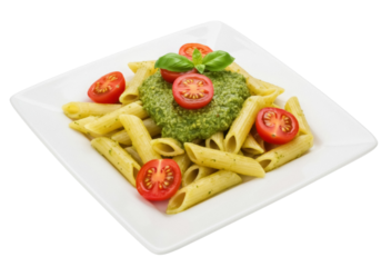 Penne pasta with pesto and cherry tomatoes isolated on transparent background, Italian cuisine dish PNG for restaurant menu