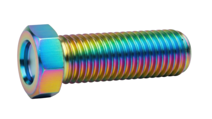 Close-up of a colorful, iridescent titanium bolt with a hexagonal head, isolated on white.