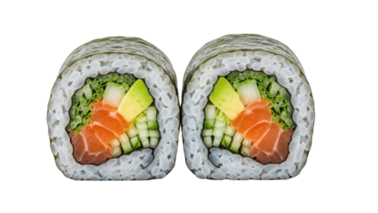 Close-up shot of two sushi rolls with salmon, avocado, and cucumber filling.