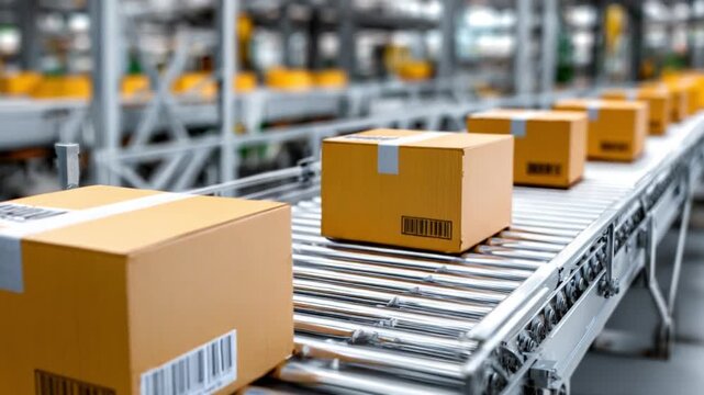 Close-up detail of parcel box corners sliding along conveyor belt rollers, texture-focused, industrial macro photography style, logistics background