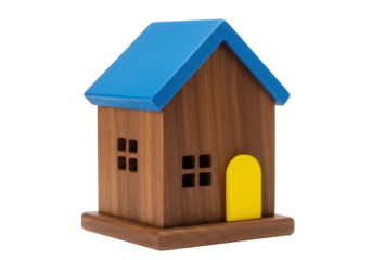 Wooden toy house with blue roof and yellow door isolated PNG, miniature home for kids playing on transparent background