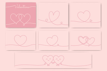 Minimalist Valentine's Day heart line art set, continuous one line love illustrations, romantic abstract pink doodle icons, cute couple hearts, modern design for greeting cards and decor.