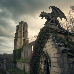 A dramatic view of a ruined gothic abbey with a large, menacing gargoyle statue on its overgrown roof under a cloudy sky.