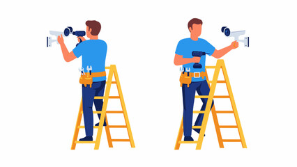 Two technicians installing security cameras on ladders at a commercial site