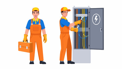 Two electricians working together on an electrical panel with exposed wiring and tools in hand