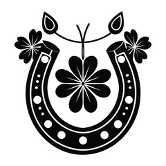 Black and White Horseshoe with Clover and Floral Accents four leaf clover lucky charm