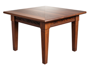 A square wooden table with carved detail on its apron