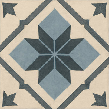 Vintage blue geometric hydraulic cement tile pattern. Retro encaustic ceramic floor texture with ornamental star design. Traditional Moroccan architectural background.