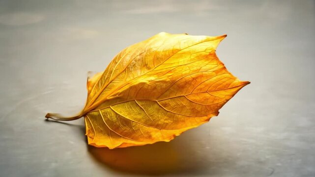 Close up of a single autumnal leaf with warm tones and textured details