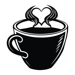 Black Silhouette of Coffee Cup with Heart Shaped Steam drink beverage