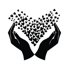 Black silhouette of hands cupping a heart made of many small hearts holding caring