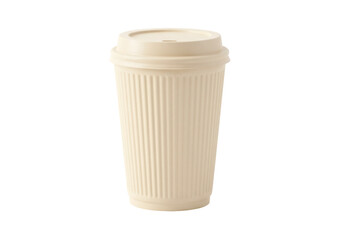 Beige paper coffee cup with lid isolated PNG, disposable drink container for hot beverages on transparent background