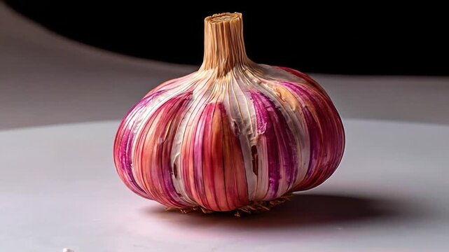 Close up of a single garlic bulb with vibrant red and purple hues