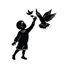 Silhouette of a child reaching for a bird and butterflies on white background flying