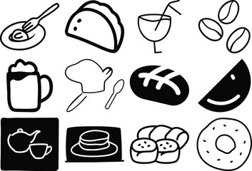 Hand Drawn Food & Drink Icons Set &ndash; Bakery, Coffee, Breakfast Doodles