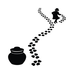 Silhouette of a person in a top hat leaving a trail of footprints and a pot vector