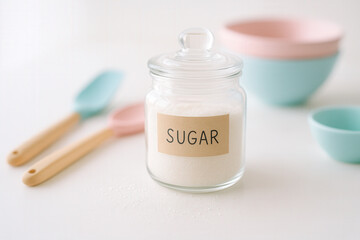 Glass Jar Of Sugar With Label In Pastel Kitchen Still Life On White Table