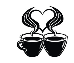 Two Cups of Coffee with Heart Shaped Steam mugs drinks
