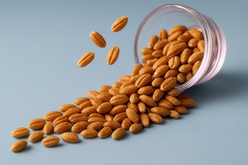 Wheat Kernels Spilling From Jar With Grains Falling In Midair On Blue Background