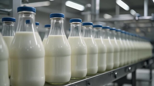 Line Of Glass Milk Bottles On Conveyor In Factory With Blue Caps